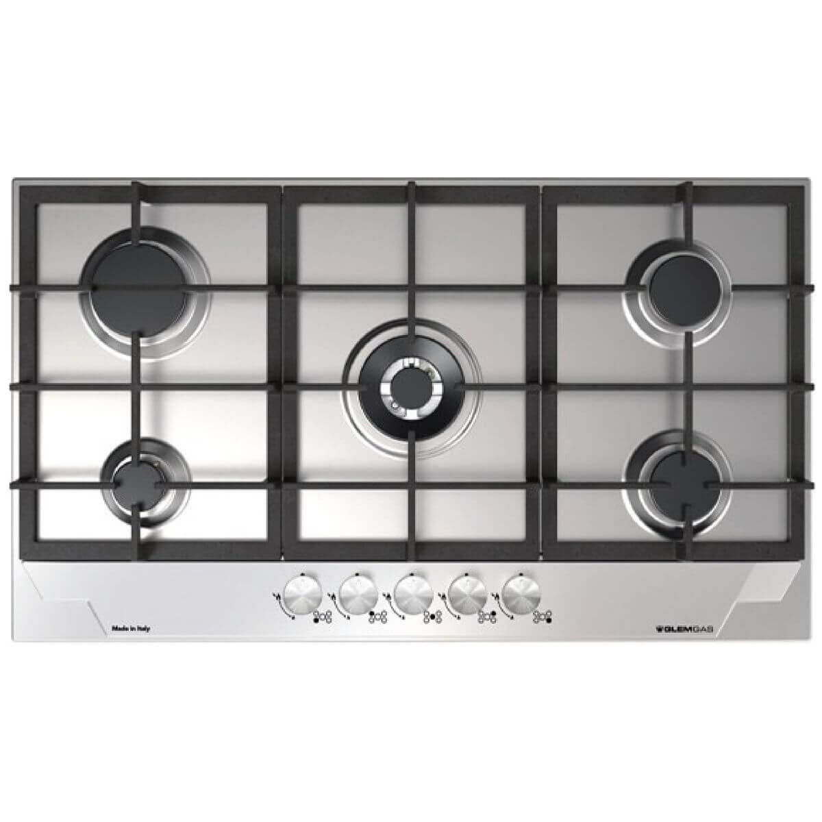 Glem Gas 90cm Natural Gas Cooktop - Stainless Steel, Five Burners, Front Controls, Wok Burner - GTD95AU