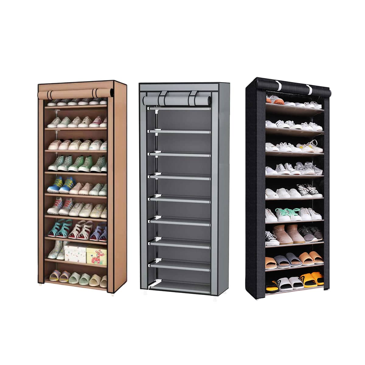 10 Tier Shoe Rack with Dust Cover, Stainless Steel Frame - Coffee - view 3