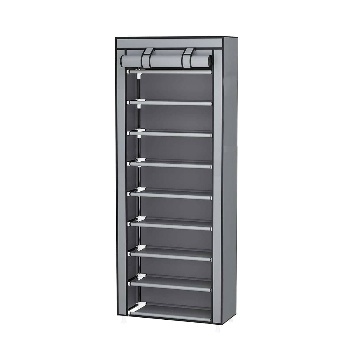 10 Tier Shoe Rack with Dust Cover, Stainless Steel Frame - Grey