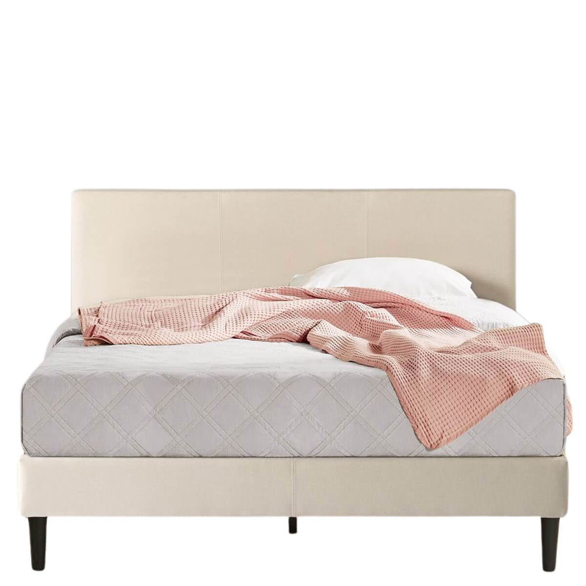 Zinus Double Upholstered Fabric Bed Base - Beige, Padded Headboard, Slatted Base, 250kg - AU-FPPPBG-12D