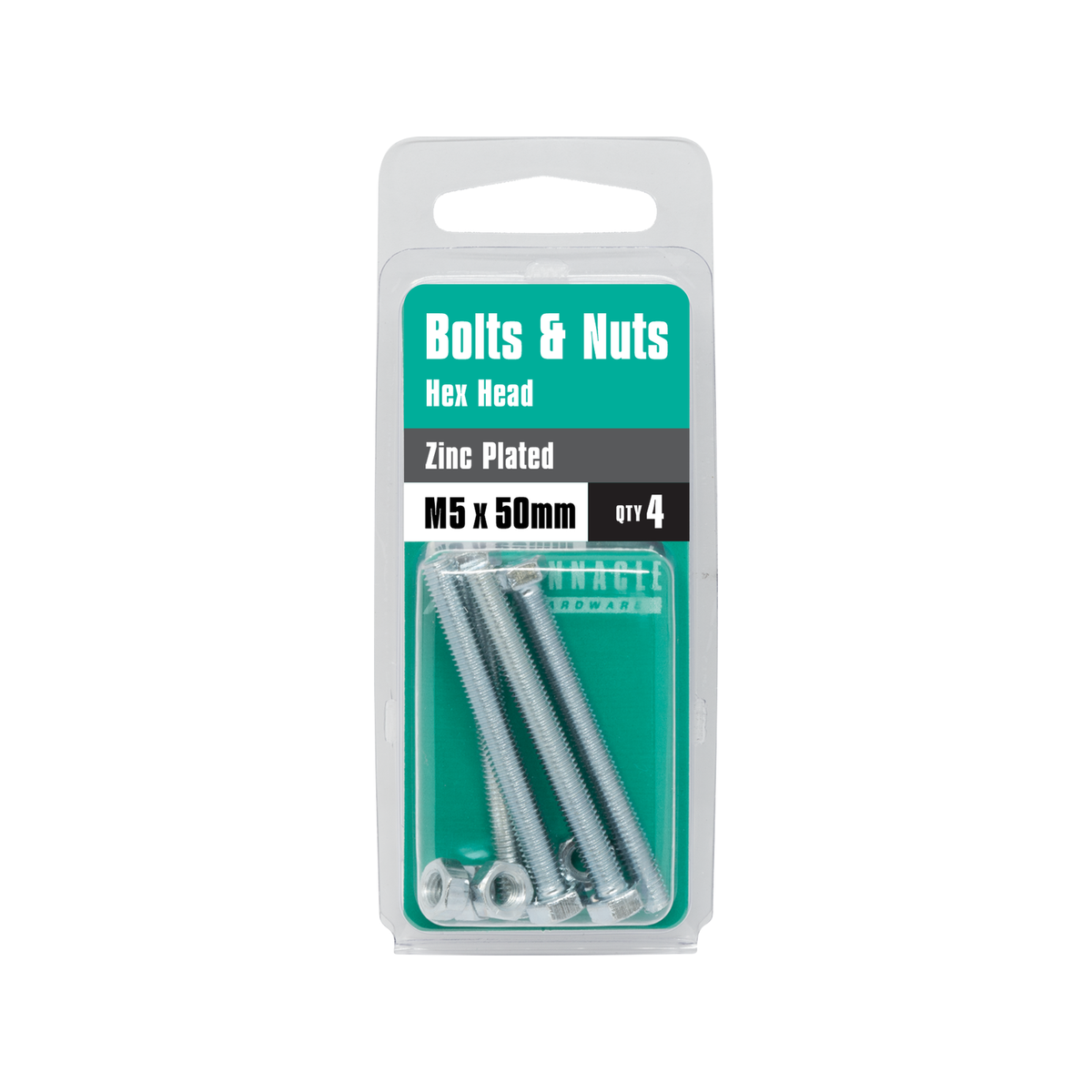 Pinnacle M5 x 50mm Zinc Plated Hex Head Bolts and Nuts - 4 Pack