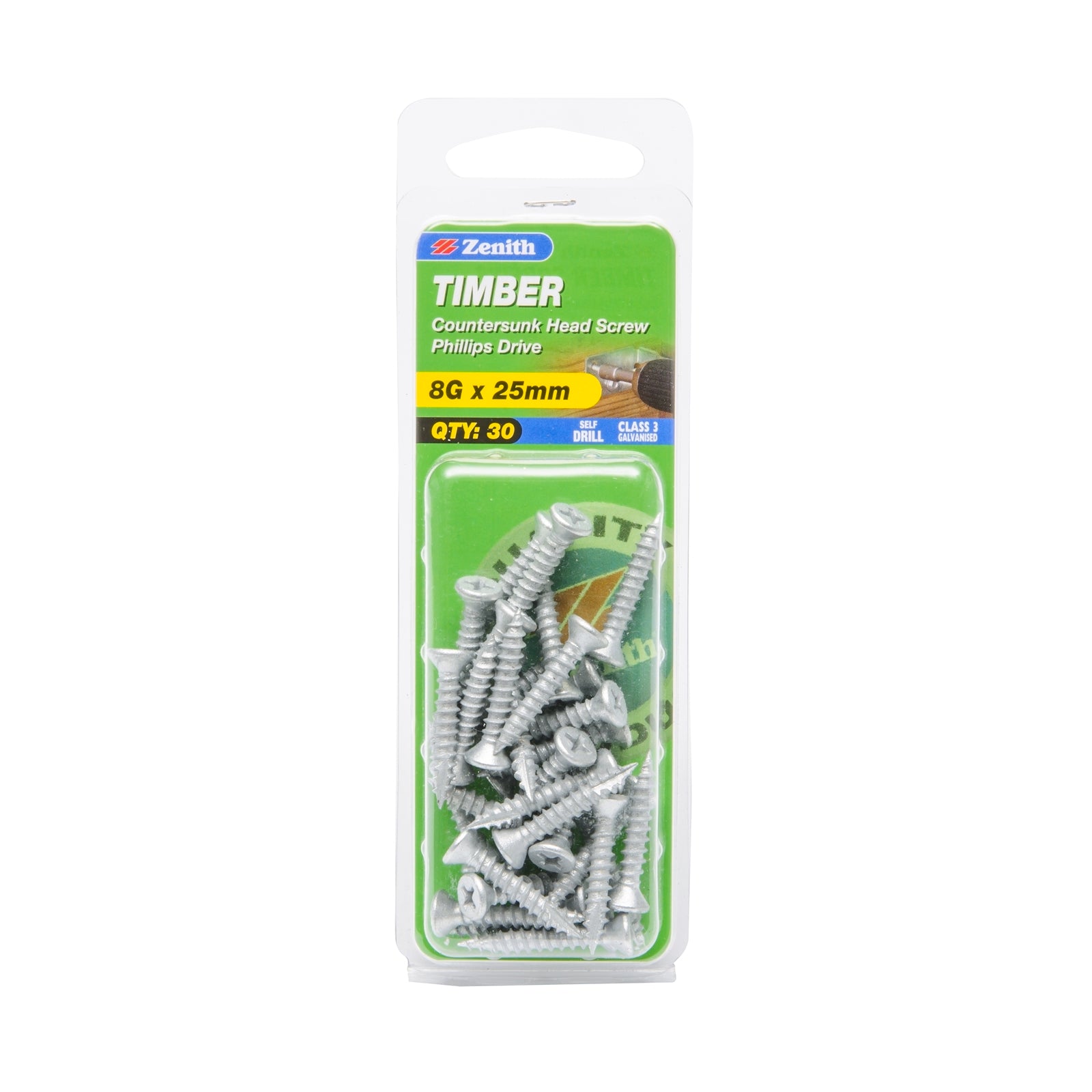 Zenith 8G x 25mm Galvanised Type 17 Countersunk Timber Screws - 30 Pack