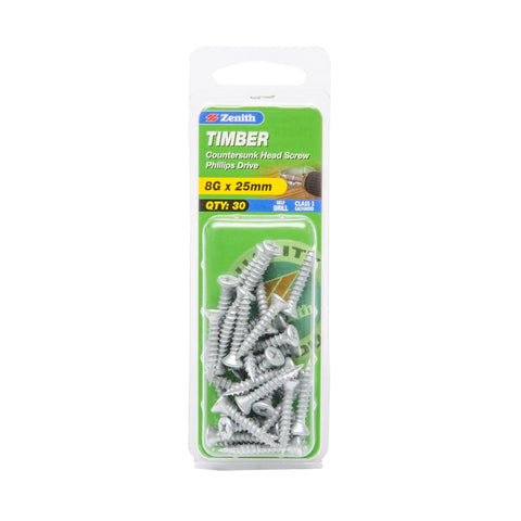 Zenith Timber Screws - 8g x 25mm Galvanised - Flush Finish - 30 Pack - SuperSaverAU - view 1