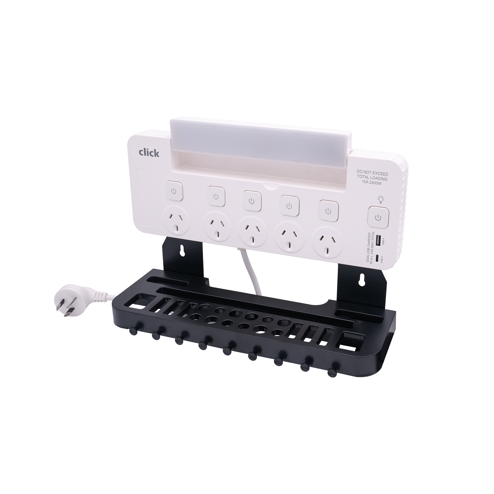 Click 5 Outlet Power Board with Tool Rack, LED Light and USB 1.8m 10A 2400W CTR5S