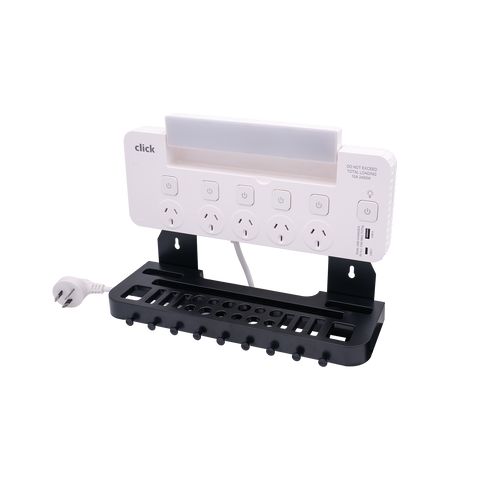 Click 5 Outlet Power Board with Tool Rack, LED Light and USB 1.8m 10A 2400W CTR5S