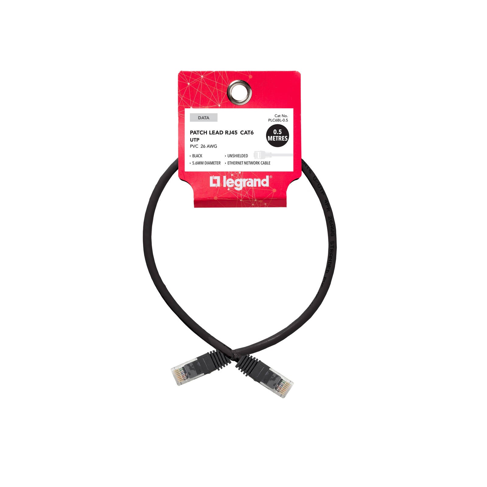 Legrand Cat6 RJ45 UTP Patch Lead 0.5m Black Snagless Network Cable