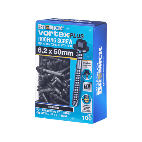 Bremick 6.2 x 50mm Vortex Plus Roofing Screw with Seal, Monument Hex Head - 100 Box