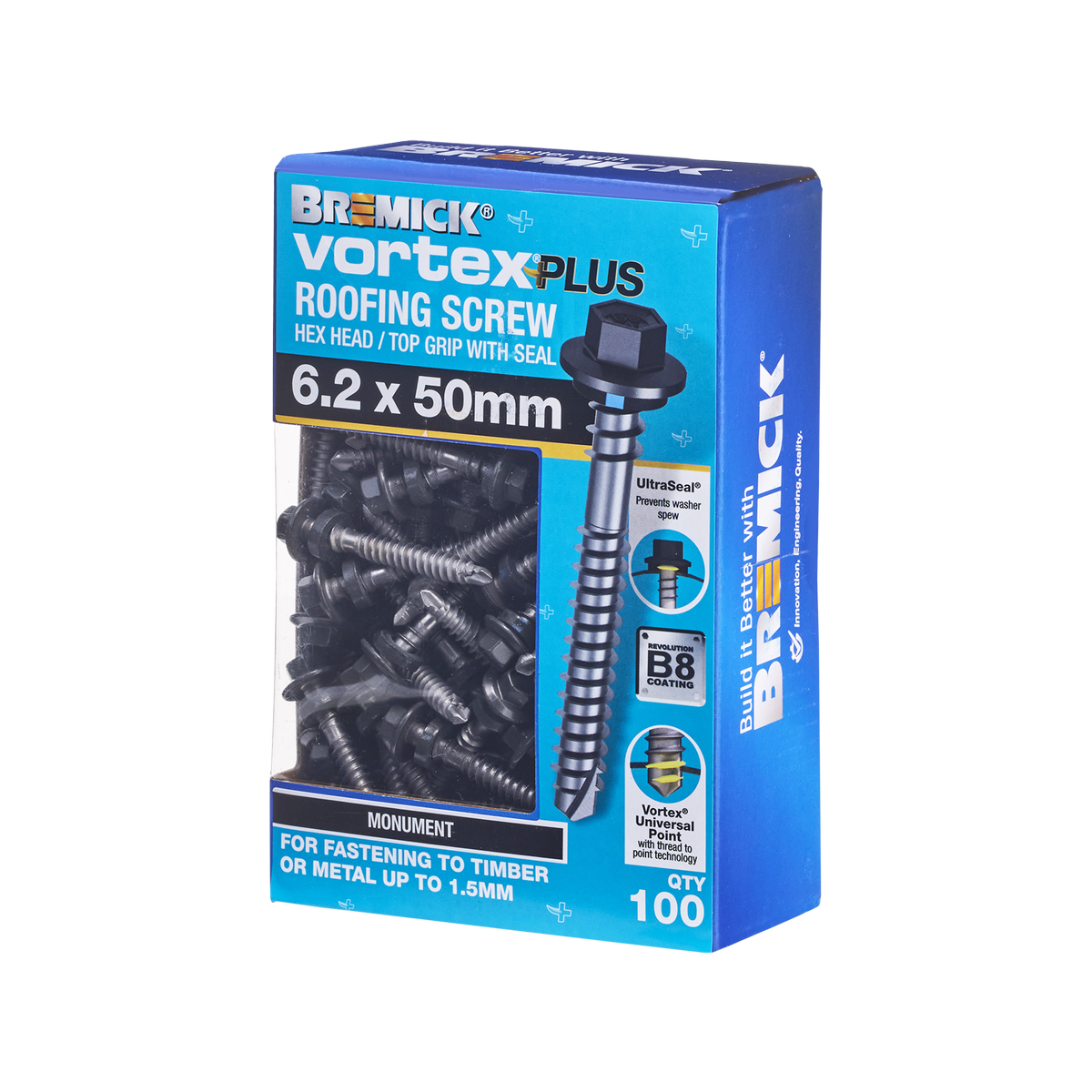 Bremick 6.2 x 50mm Vortex Plus Roofing Screw with Seal, Monument Hex Head - 100 Box