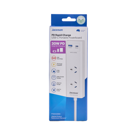 Jackson 2 Outlet Portable Powerboard, USB-A & USB-C PD20W, 175J Surge, White