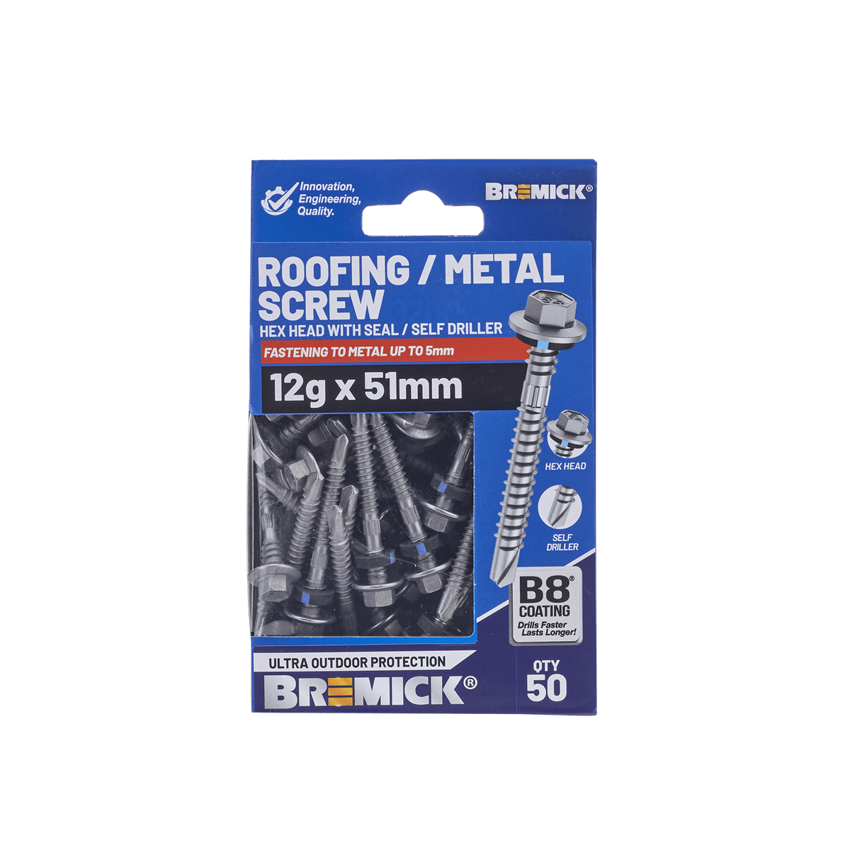 Bremick 12g x 51mm Hex Roofing Screw, Carbon Steel B8 Coating, Sealed Head Drill Point - 50 Pack
