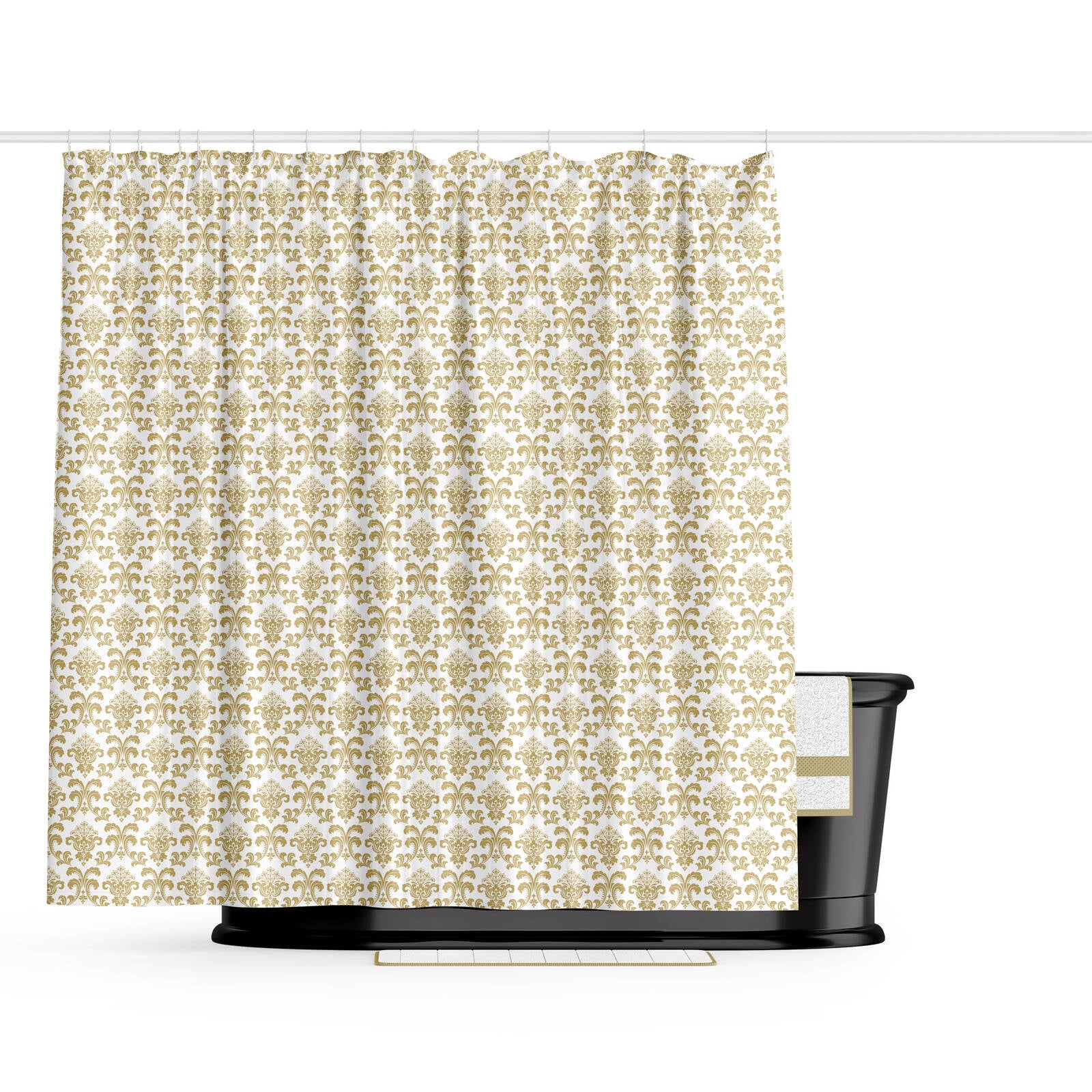Barelli Fleur-De-Lis Gold Metallic PEVA Shower Curtain 180 x 180cm 12 Rings