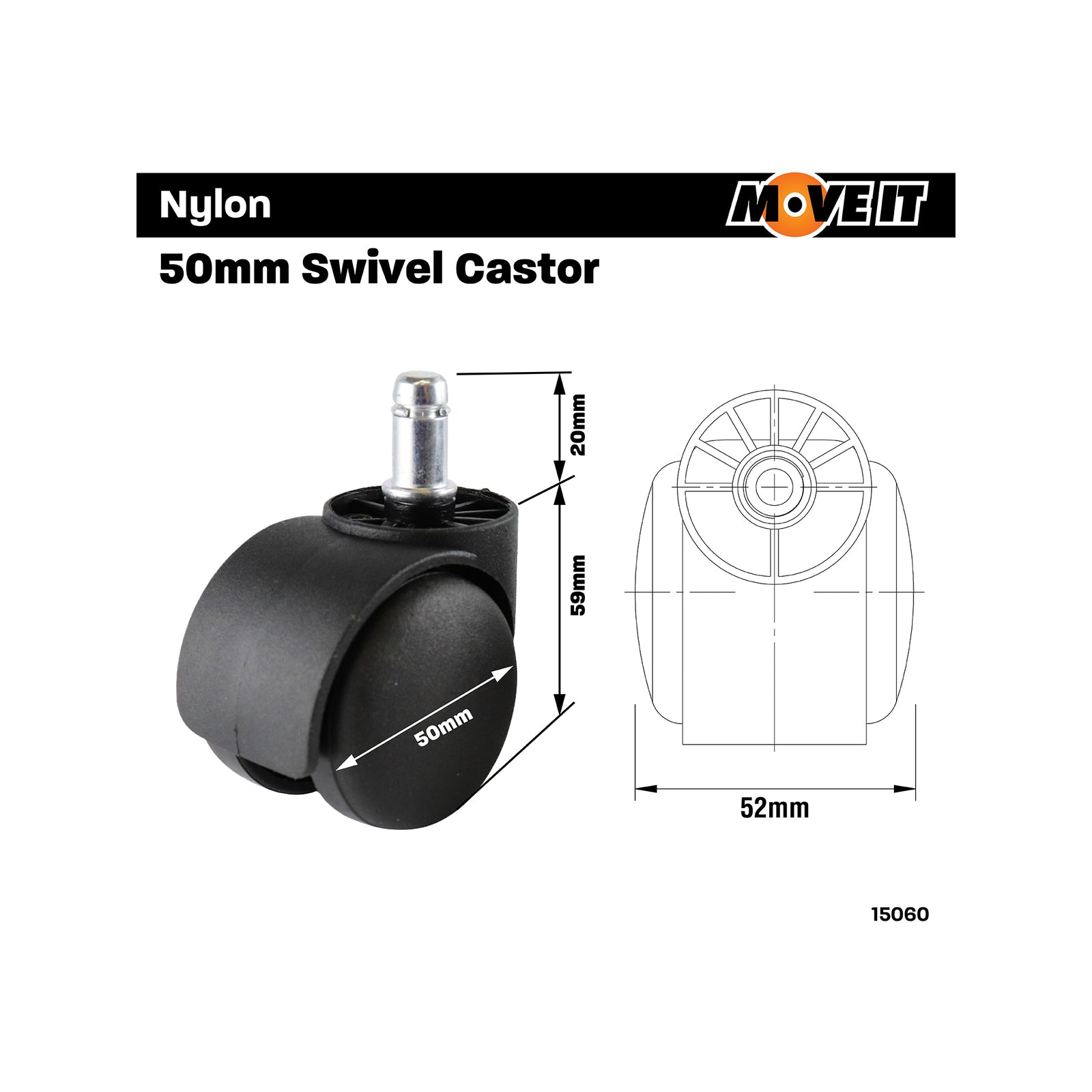 Move It 50mm Black Hooded Office Chair Castor, Twin Wheel Swivel, 2 Pack