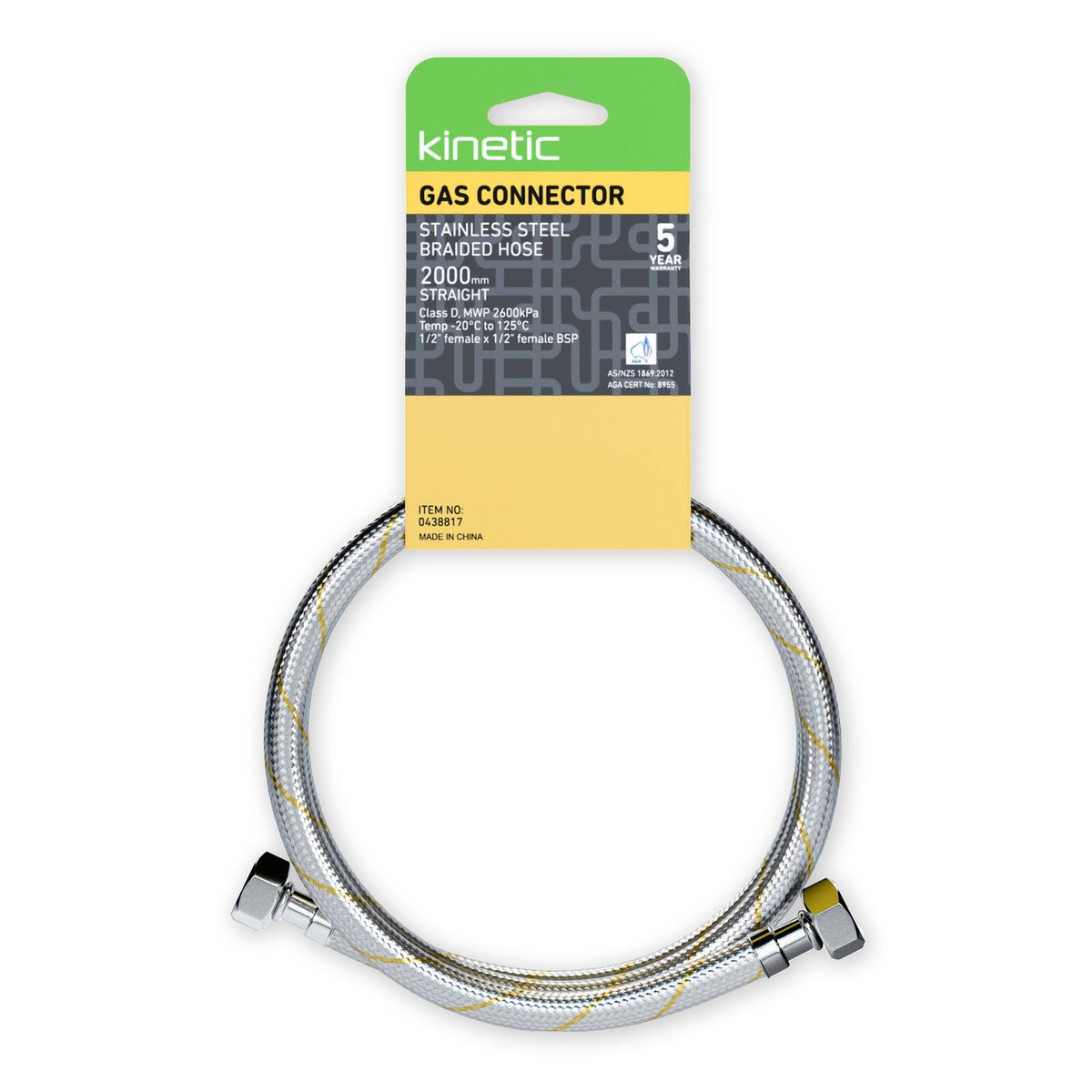 Kinetic 2000mm Stainless Steel Flexible Braided Gas Connector 15mm