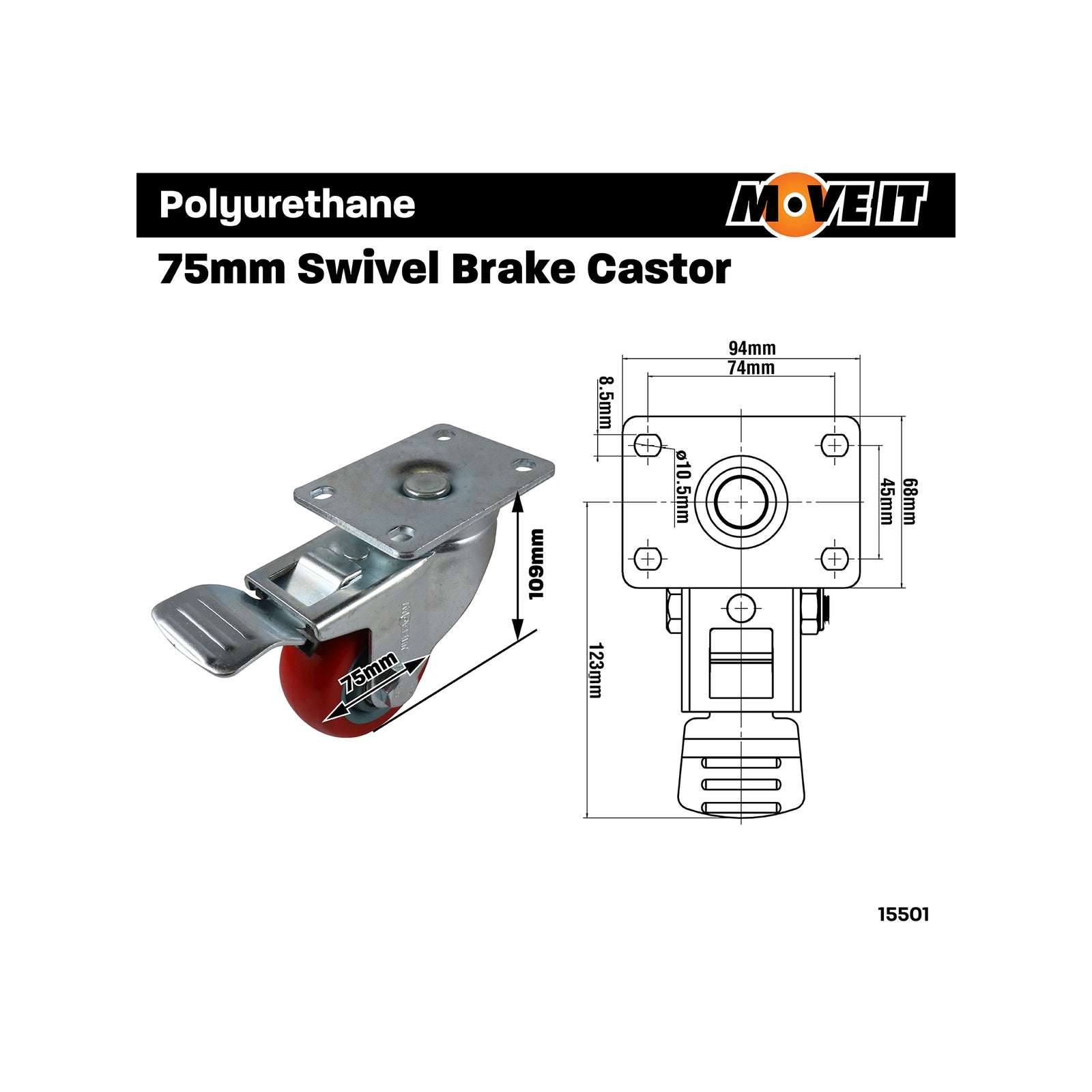 Move It 75mm Polyurethane Swivel Brake Castor 120kg Indoor Outdoor