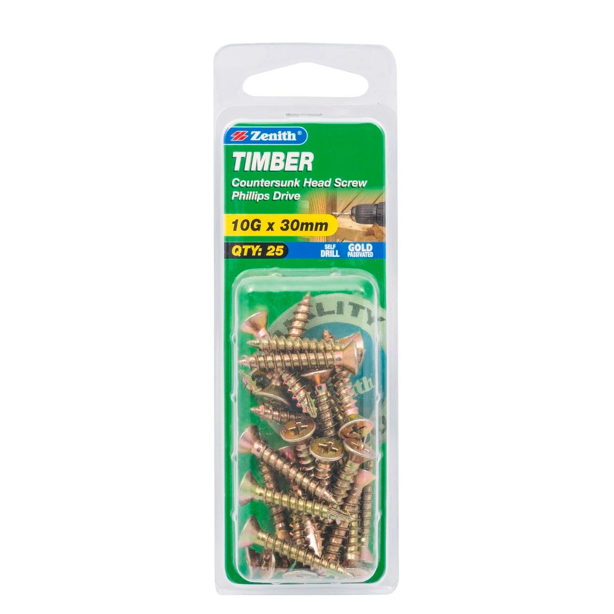 Zenith Timber Screws - 10g x 30mm - Gold Passivated - Countersunk Head - 25 Pack - SuperSaverAU - view 1