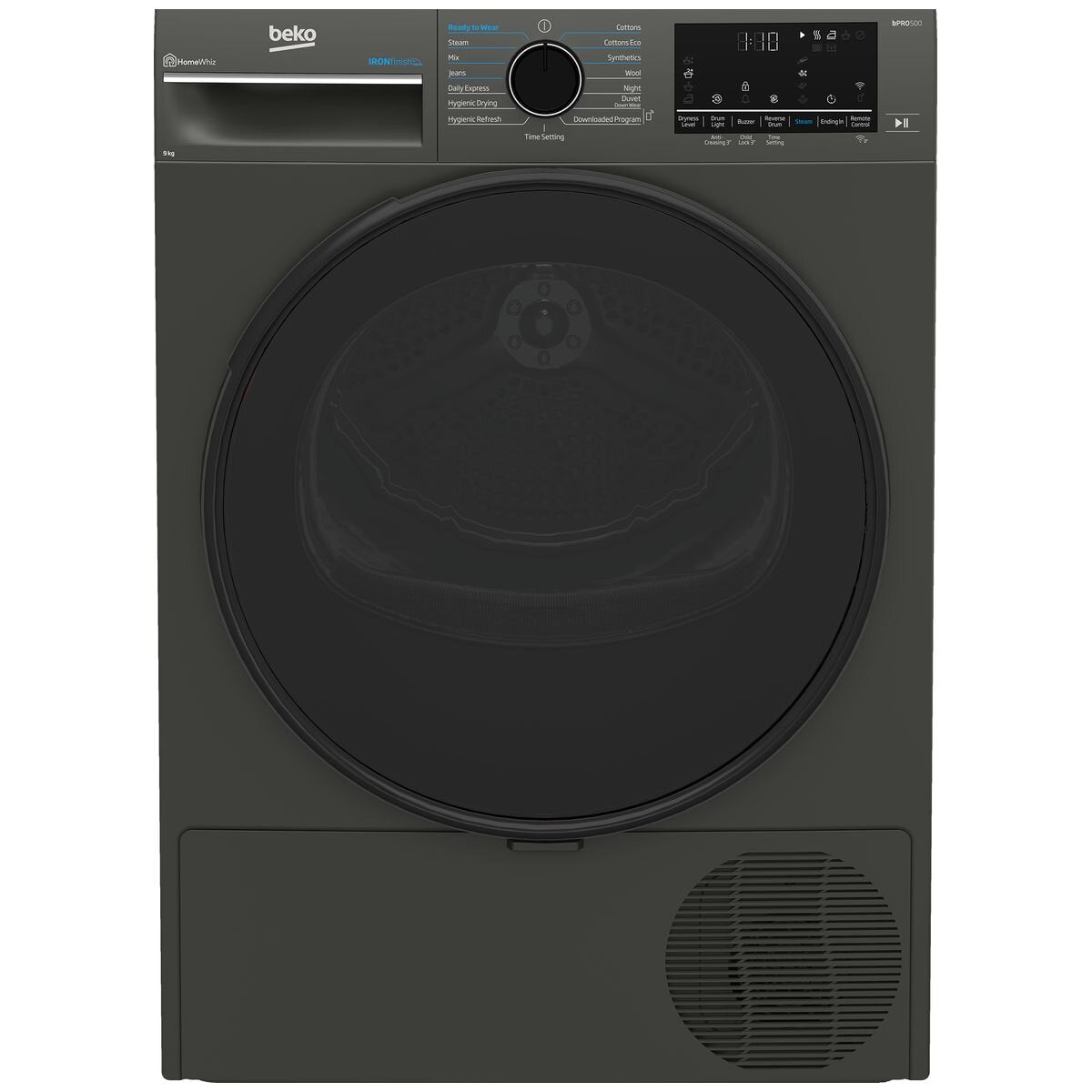 Beko 9kg Heat Pump Dryer - Graphite, Steam Care, Wi-Fi HomeWhiz Control, 9 Star Energy Rating - BDPB903SG