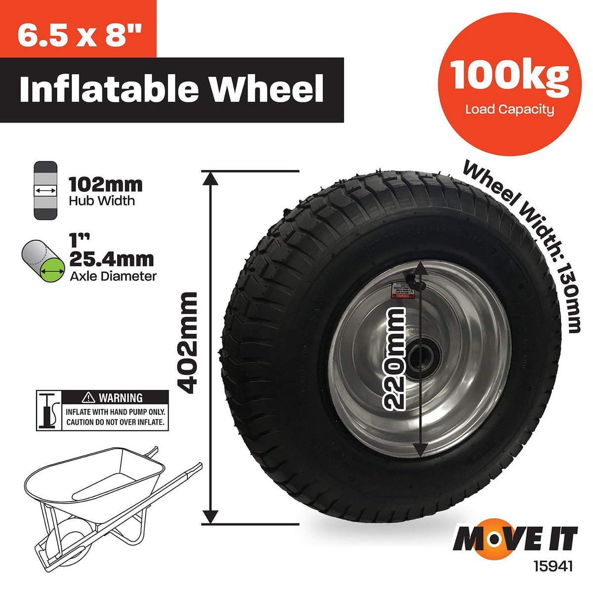Move It Pneumatic Wheel 6.5 x 8 Steel Hub Durable Shock Absorbing - SuperSaverAU - view 2