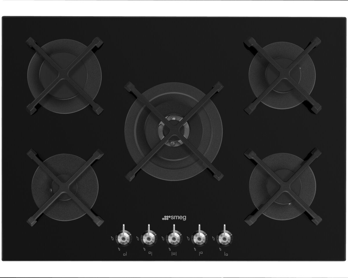 Smeg 72cm 5 Burner Gas on Glass Cooktop - Black Tempered Glass - Wok Burner - PV375NAU