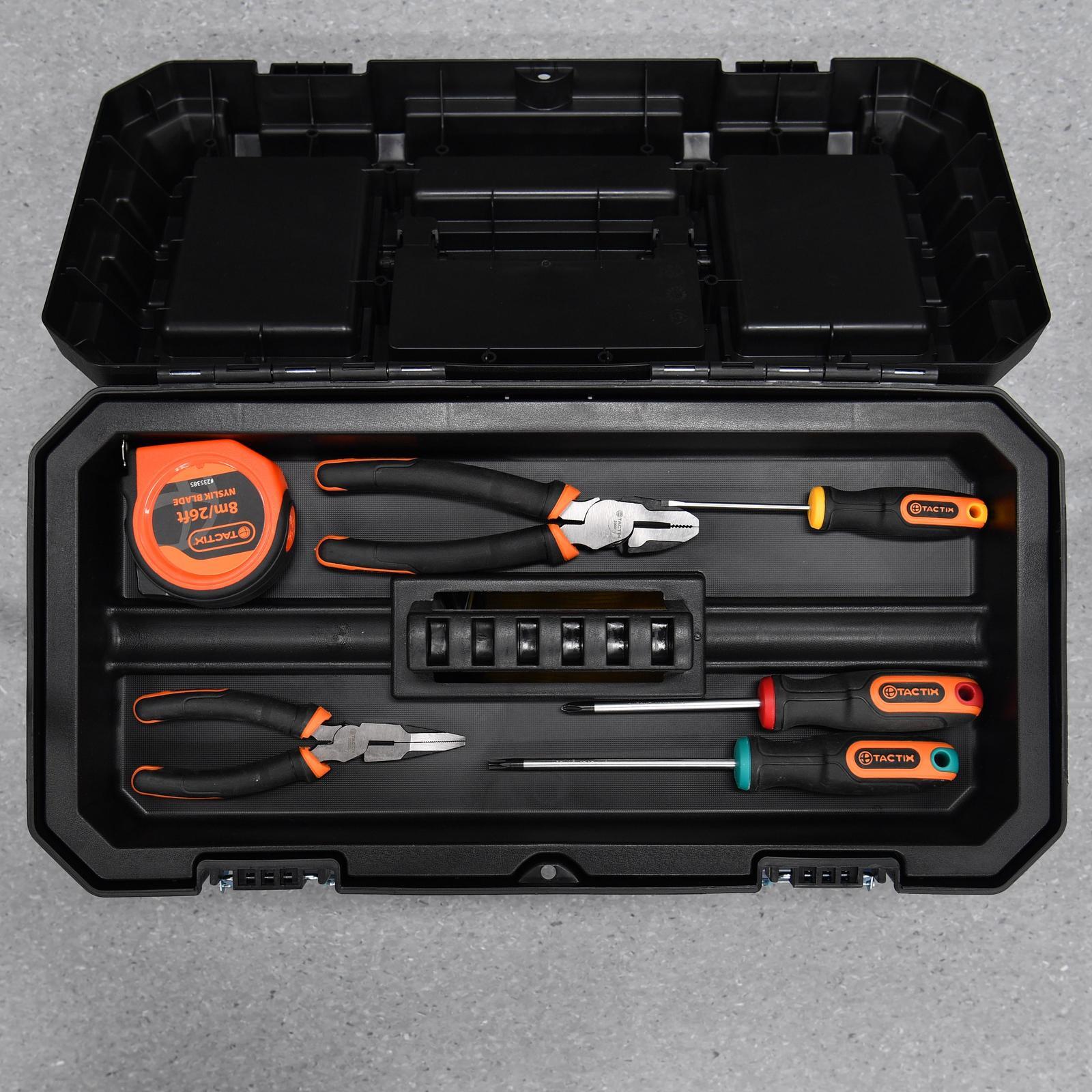 Tactix 507mm Polypropylene Tool Box, Lift-Out Tray, Clear-Lid Compartments, Black and Orange