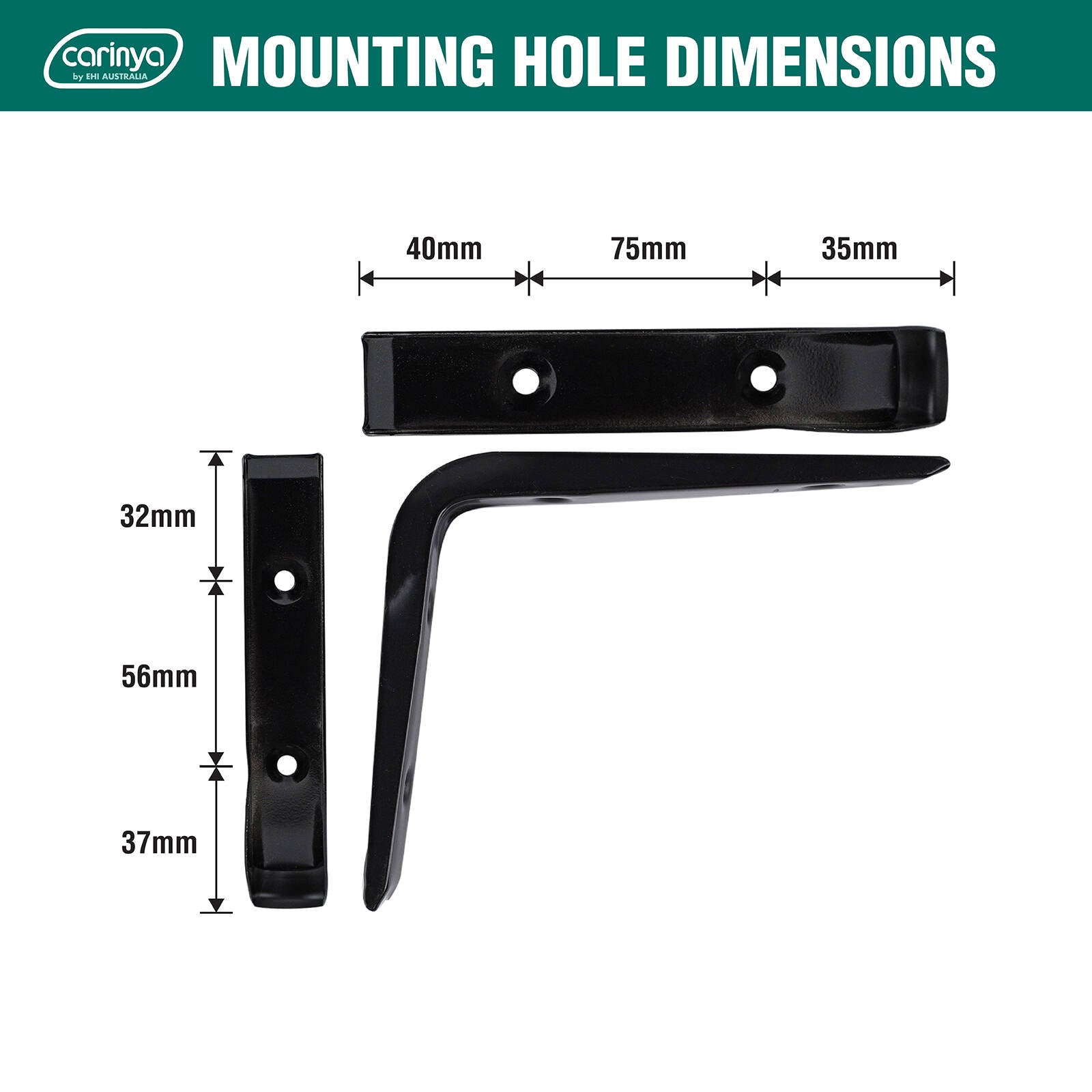 Carinya 125 x 150mm Black Powder Coated Steel Angle Bracket, 35kg, Wall Mount