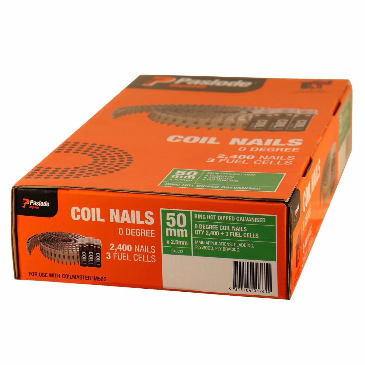 Paslode 50 x 2.5mm Impulse Hot Dip Galvanised Ring Shank Coil Nails 2400 Box Orange