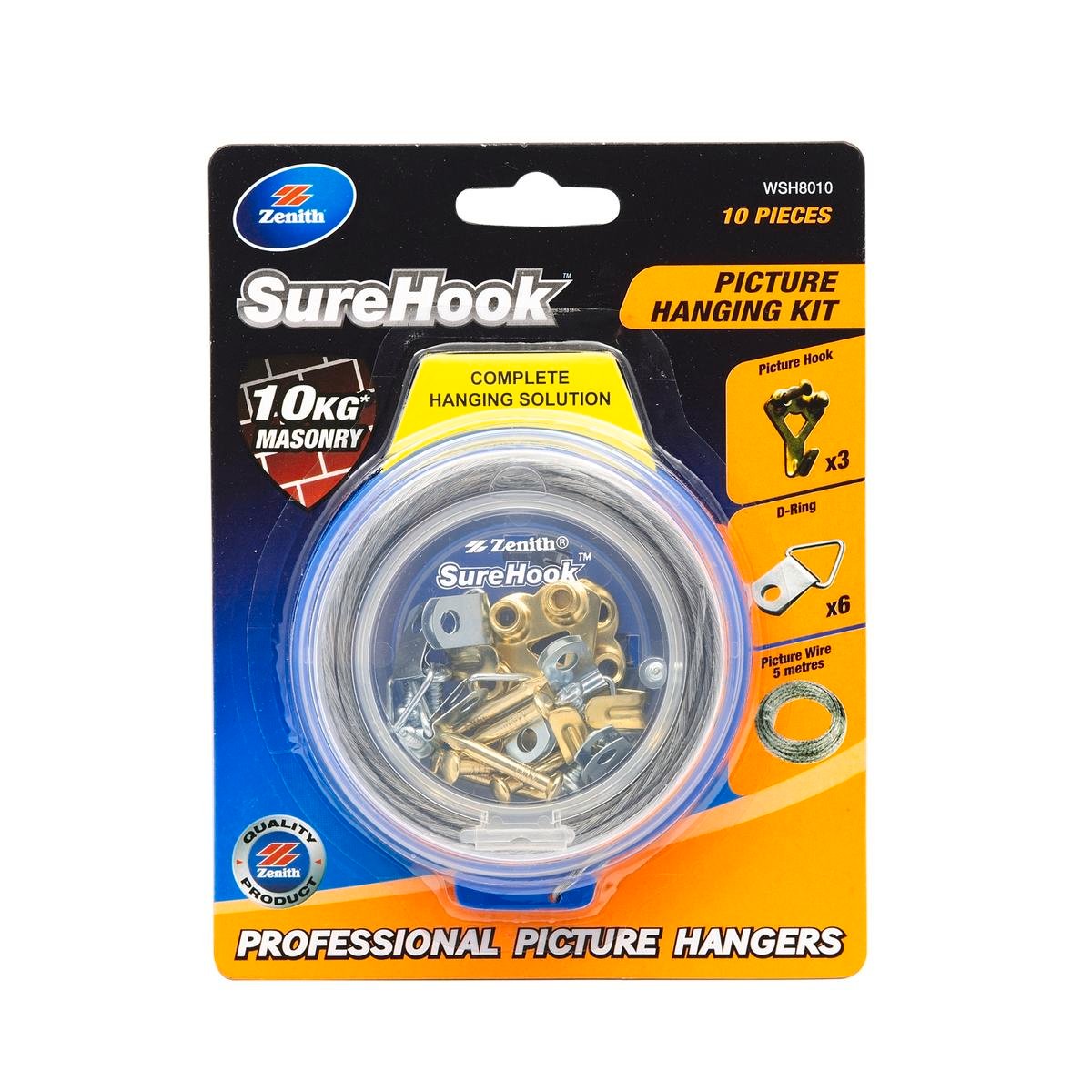 Zenith SureHook 10kg Brass Plated 10 Piece Masonry Picture Hanging Kit - Concrete & Brick