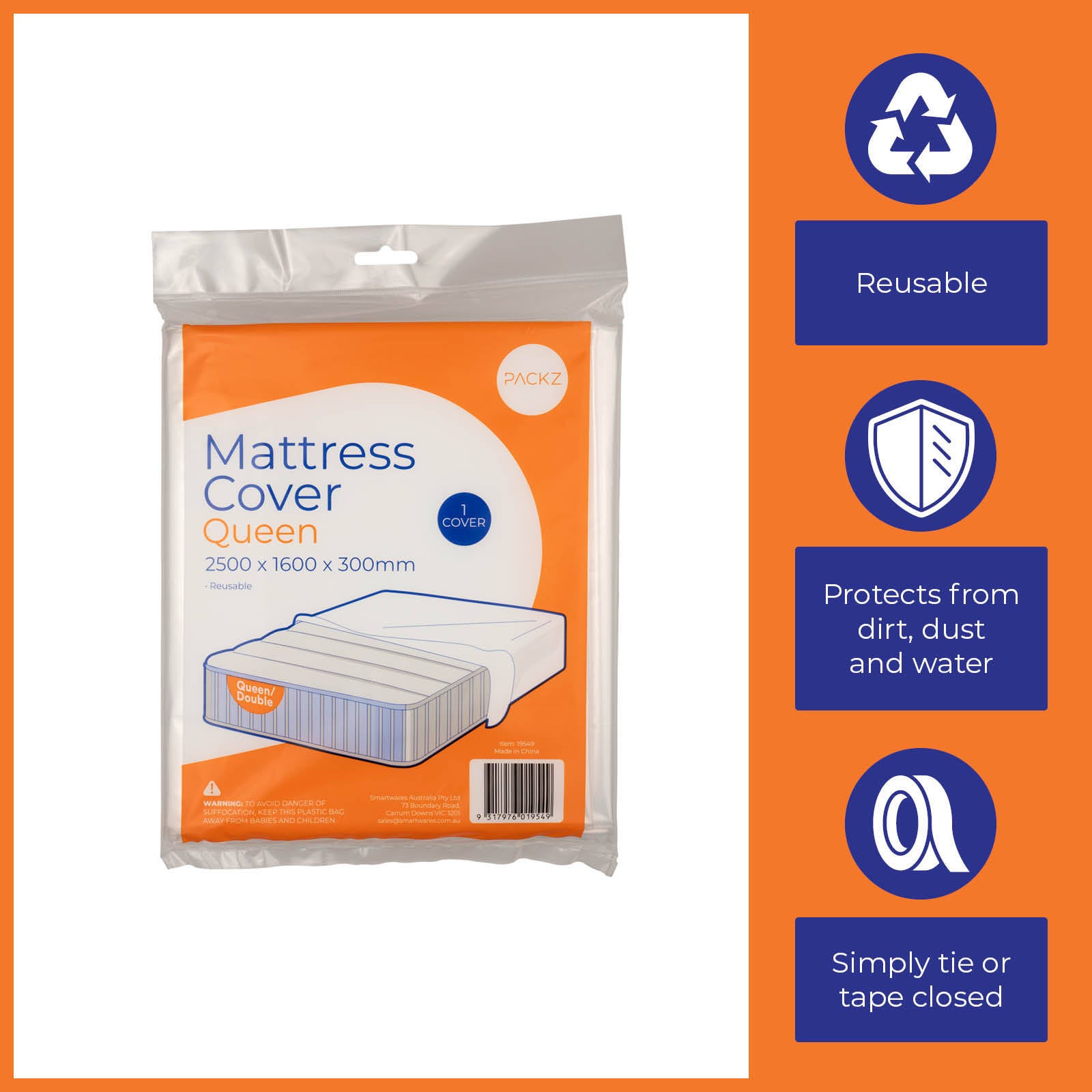 Packz Clear Plastic Double/Queen Mattress Cover 2500 x 1600 x 300mm