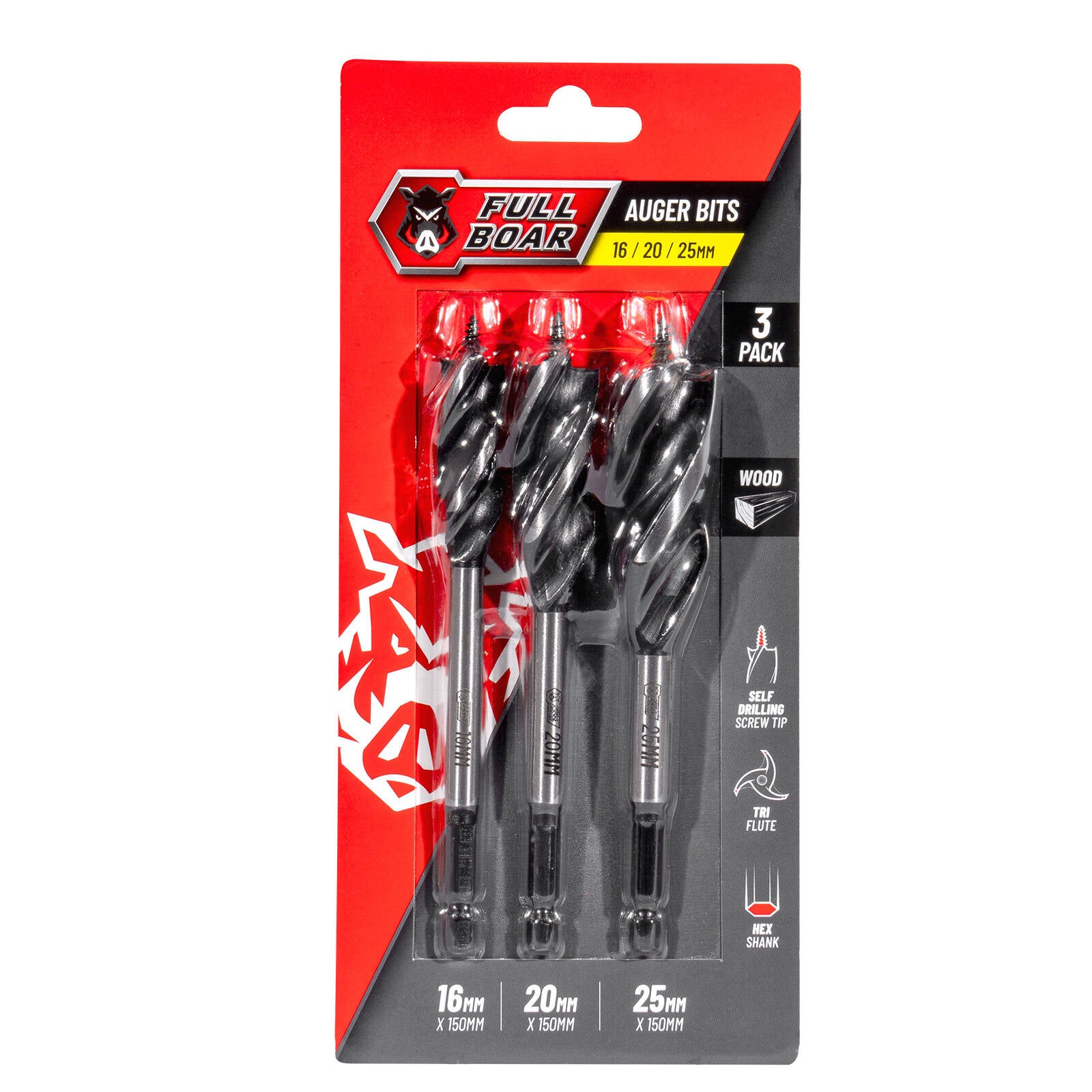 Full Boar 16, 20, 25mm Auger Bits for Wood 3 Pack FABS-3