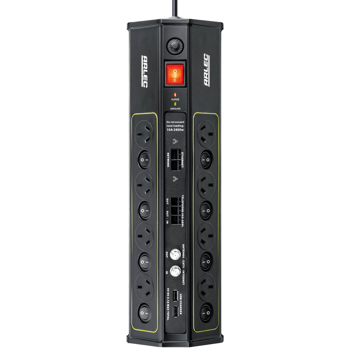 Arlec 8 Outlet Surge Protected Powerboard with USB, CAT6 and ADSL