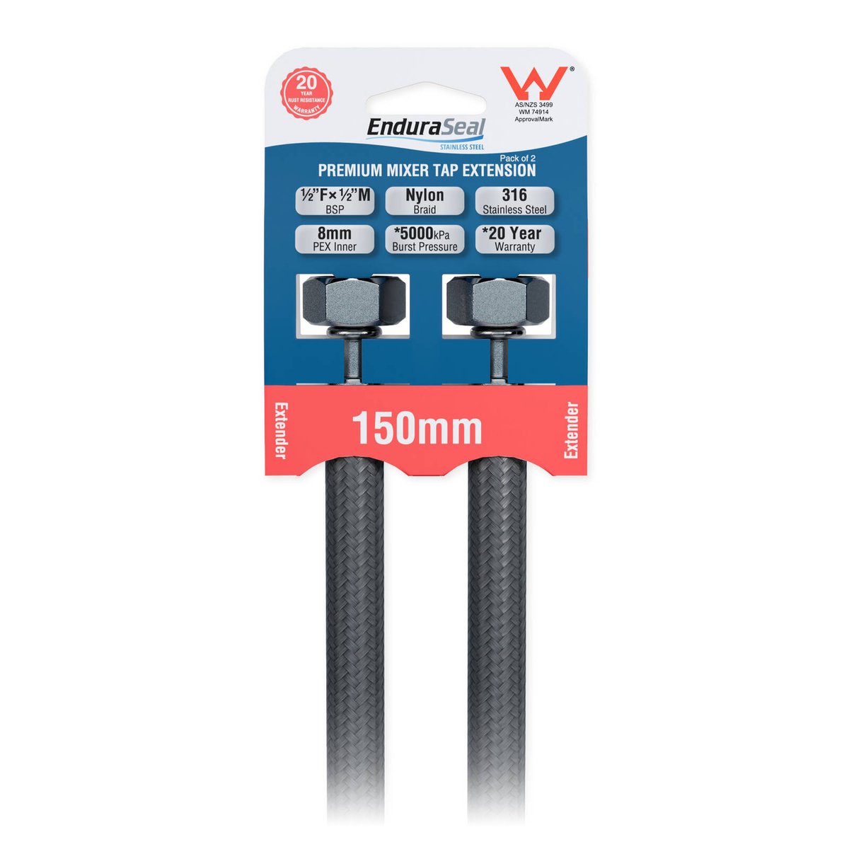 EnduraSeal 150mm Silver Flexible Braided Extension Water Connector 2 Pack 500kPa