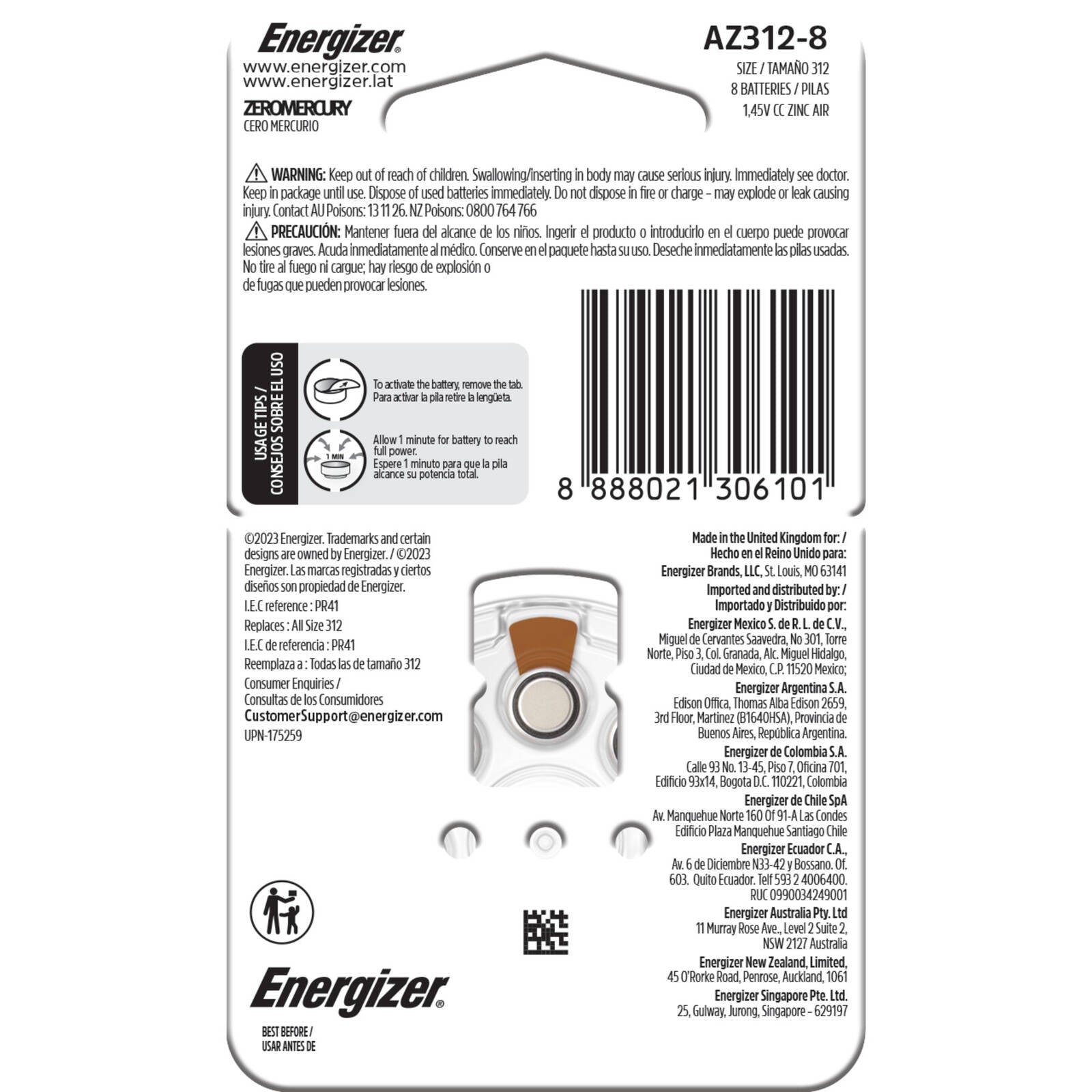 Energizer AZ312 Hearing Aid Batteries 8 Pack