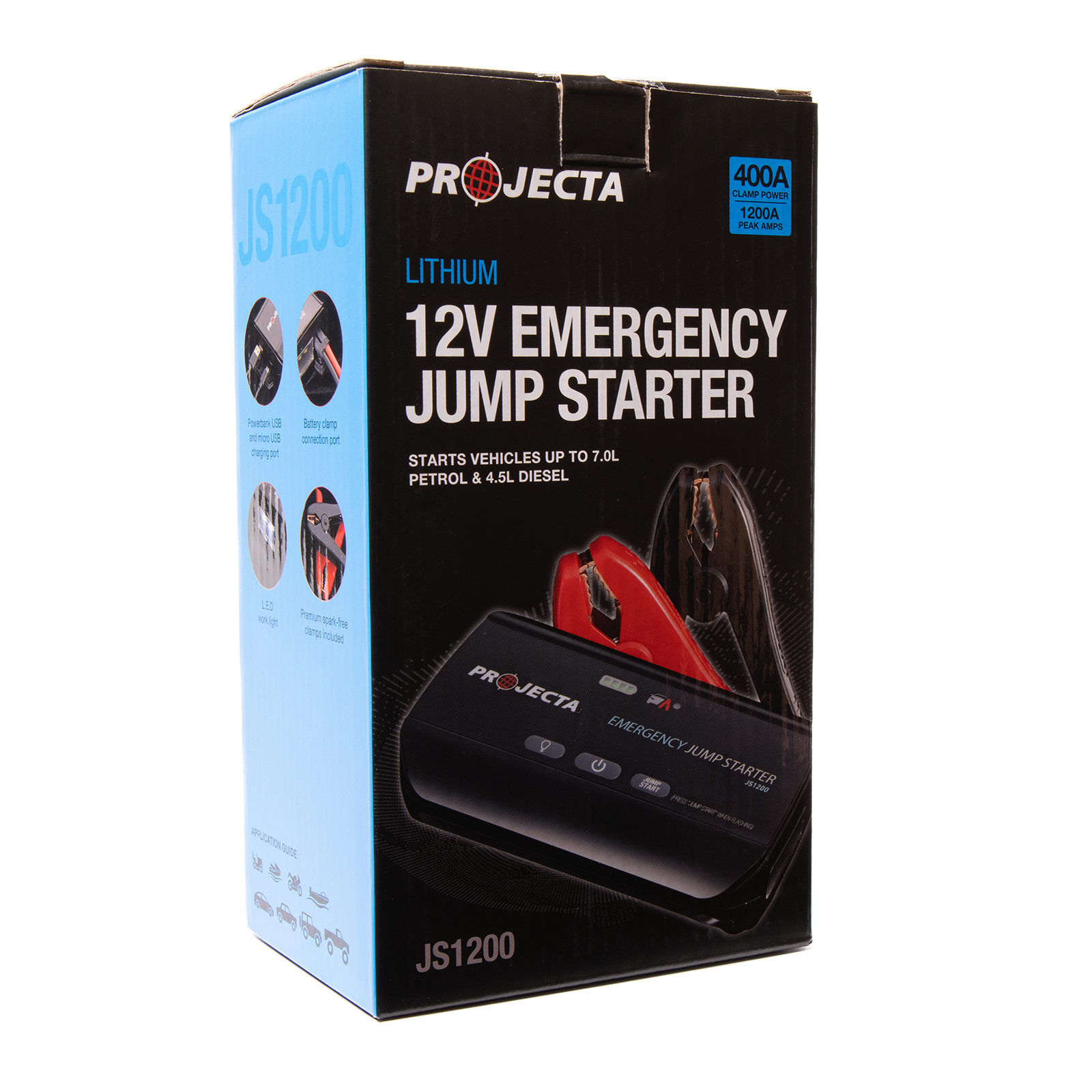Projecta 12V 1200A Lithium Jumpstarter JS1200 in Black with LED Light and USB Power Bank