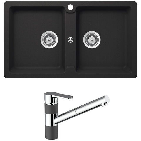 Abey Schock Typos double sink and ISA pull out mixer tap - Onyx black finish, 5 star WELS - TN200T2B