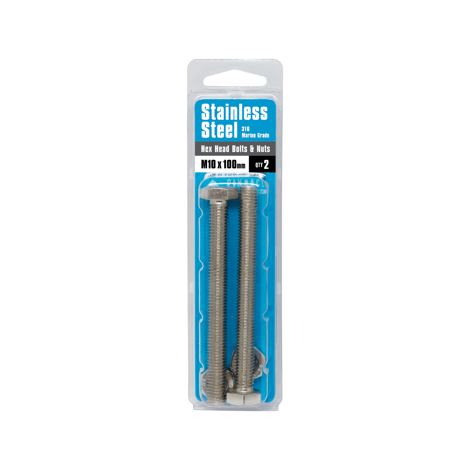 Pinnacle M10 x 100mm Stainless Steel Hex Bolt and Nut 2 Pack