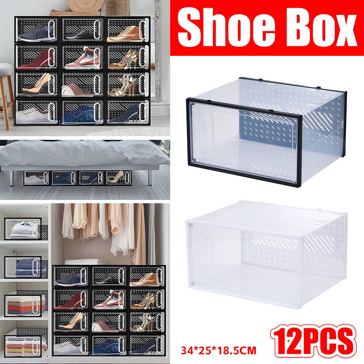 12 Clear Shoe Storage Boxes, Stackable - Black - view 2