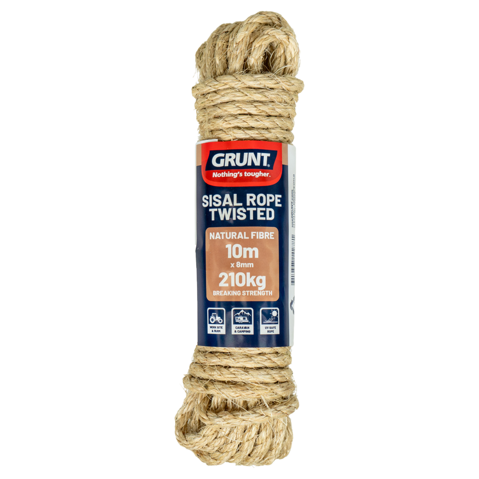 Grunt 8mm x 10m Sisal Twisted Rope, Natural Fibre, 210kg Break Strength, Weather Resistant