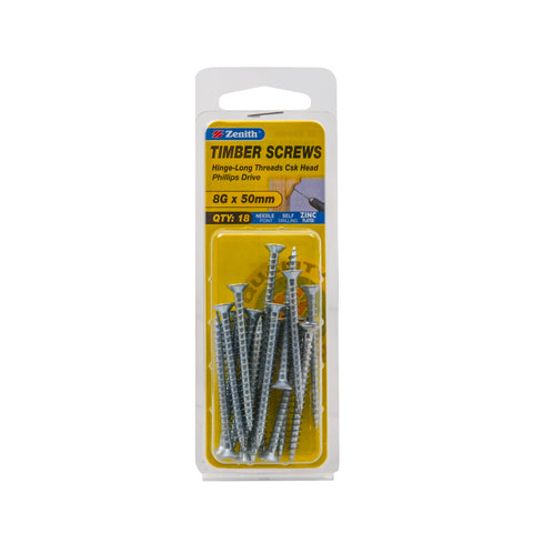 Zenith 8G x 50mm Zinc Plated Hinge-Long Thread Countersunk Timber Screws, 18 Pack