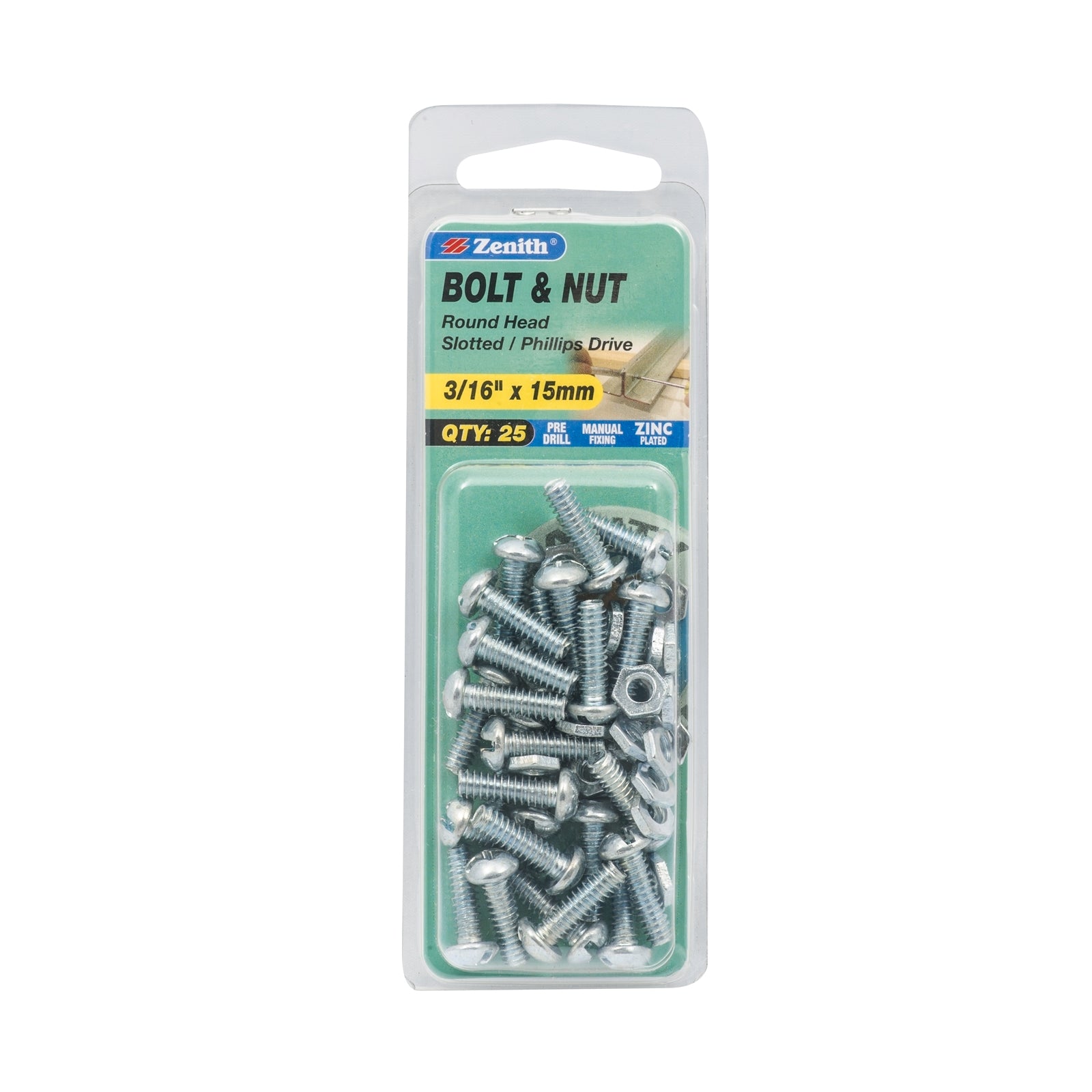 Zenith 3/16" x 15mm Zinc Plated Round Head Bolt and Nut - Steel, 25 Pack