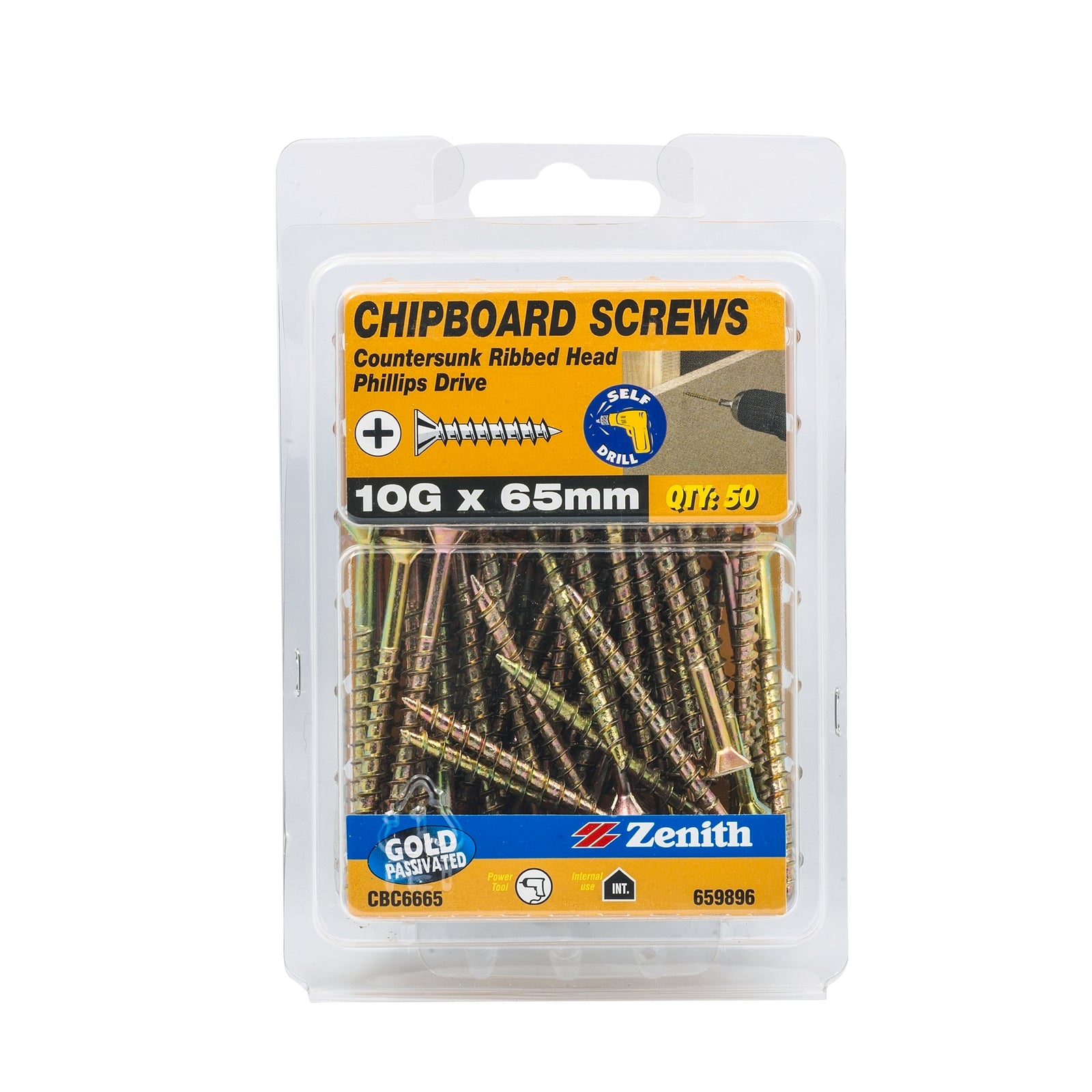 Zenith 10G x 65mm Gold Passivated Countersunk Rib Head Chipboard Screws - 50 Pack