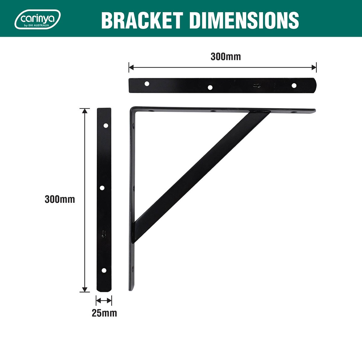 Carinya 300 x 300mm Black Heavy Duty Straight Stayed Bracket, Powder Coated Steel, 125kg