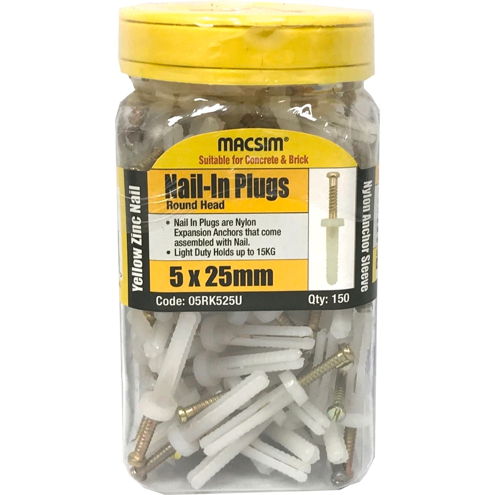 Macsim Fasteners 5 x 25mm Round Nylon Nail-in Plugs 150 Pack