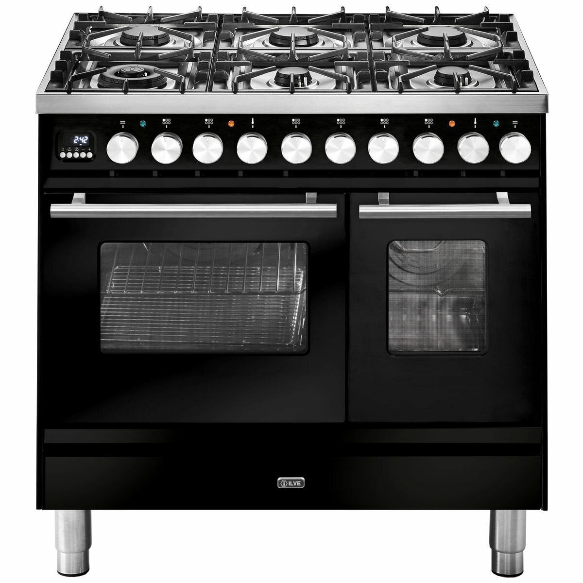 ILVE 90cm Dual Fuel Freestanding Double Oven - Six Burners, 108L, Gloss Black - PD096DWE3BK