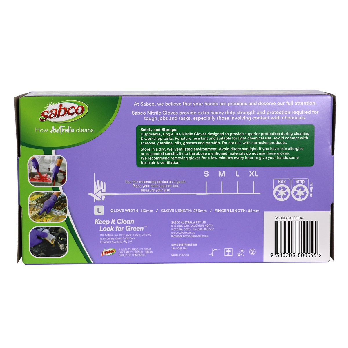 Sabco Nitrile Gloves - Large - 100 Pack - Purple - Puncture Resistant - SuperSaverAU - view 2