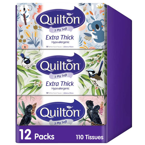 Quilton 3 Ply Facial Tissues 12 x 110 Sheets - Extra Thick, Premium Quality - SuperSaverAU - view 1