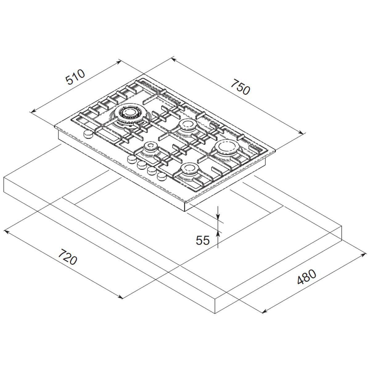 Brohn 75cm Stainless Steel Gas Cooktop - Black Enamelled Inner Panel, Defendi Wok Burner - BRGC756BSE