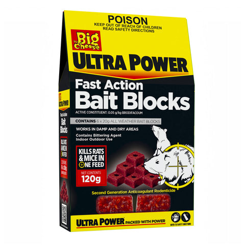 The Big Cheese Ultra Power Fast Action Bait Blocks 120g 6 Pack - Indoor/Outdoor Rat and Mouse Bait