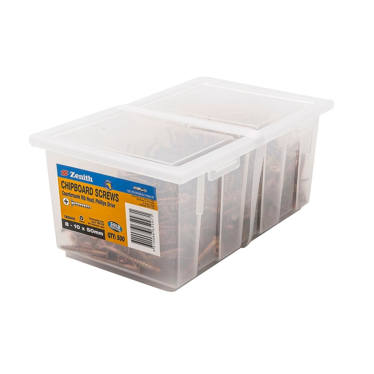 Zenith 8G x 50mm Gold Passivated Countersunk Rib Head Chipboard Screws - 500 Pack