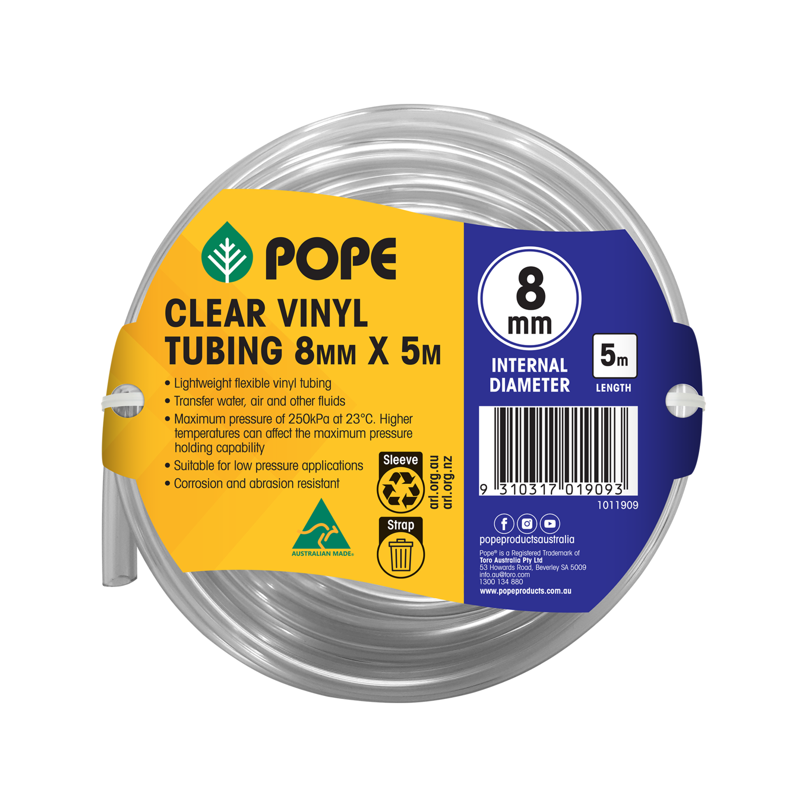 Pope 8mm x 5m Clear Vinyl Tubing - Food Grade Flexible PVC Hose