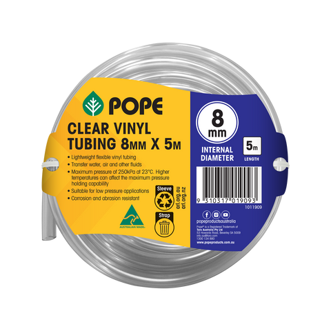 Pope 8mm x 5m Clear Vinyl Tubing - Food Grade Flexible PVC Hose