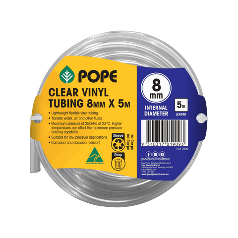 Pope 8mm x 5m Clear Vinyl Tubing - Food Grade Flexible PVC Hose